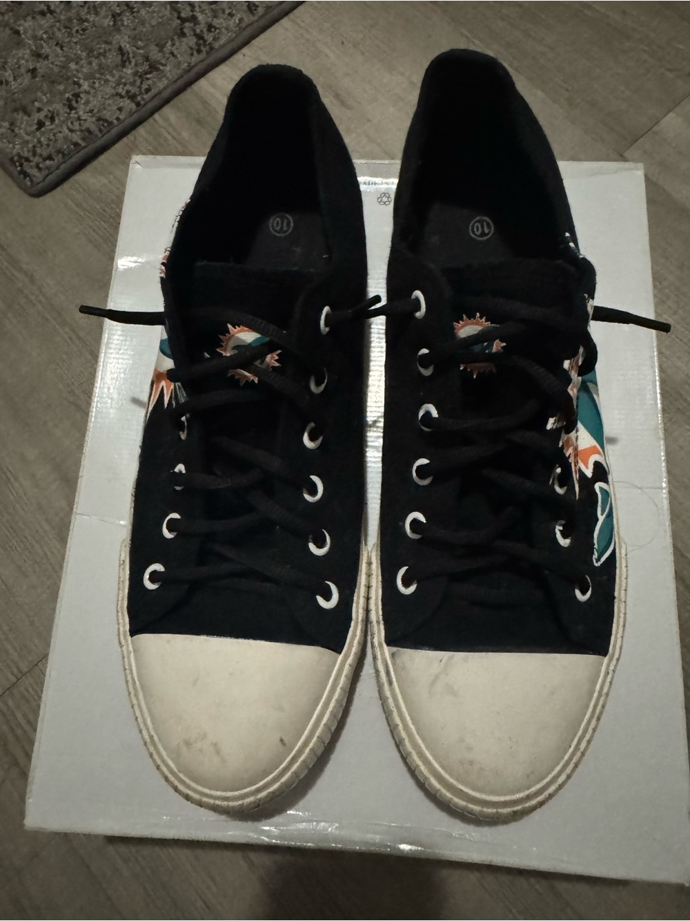 Black Canvas Low-Top Sneakers with Teal & Orange Floral Accents